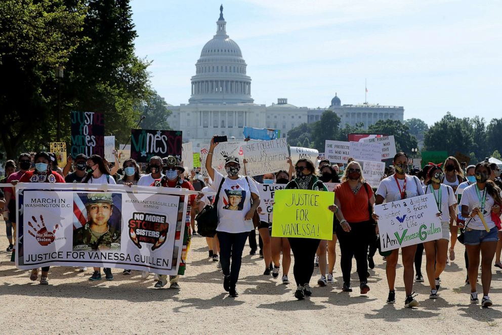 PHOTO: Family, friends and supporters of murdered U.S. Army Private First Class Vanessa Guillen march on the National Mall to call for justice in her death and for Congress to investigate, July 30, 2020, in Washington.