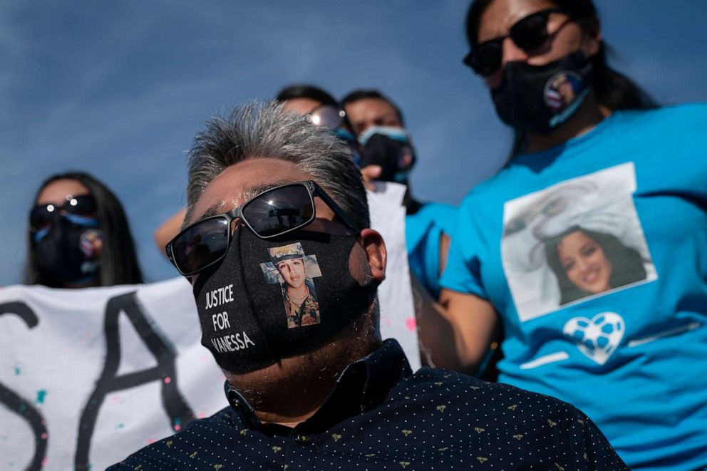 PHOTO: Slain Army Spc. Vanessa Guillen's father Rogelio Guillen wears a face mask with an image of Vanessa and the words "JUSTICE FOR VANESSA" during a news conference on the National Mall in front of Capitol Hill, July 30, 2020, in Washington.