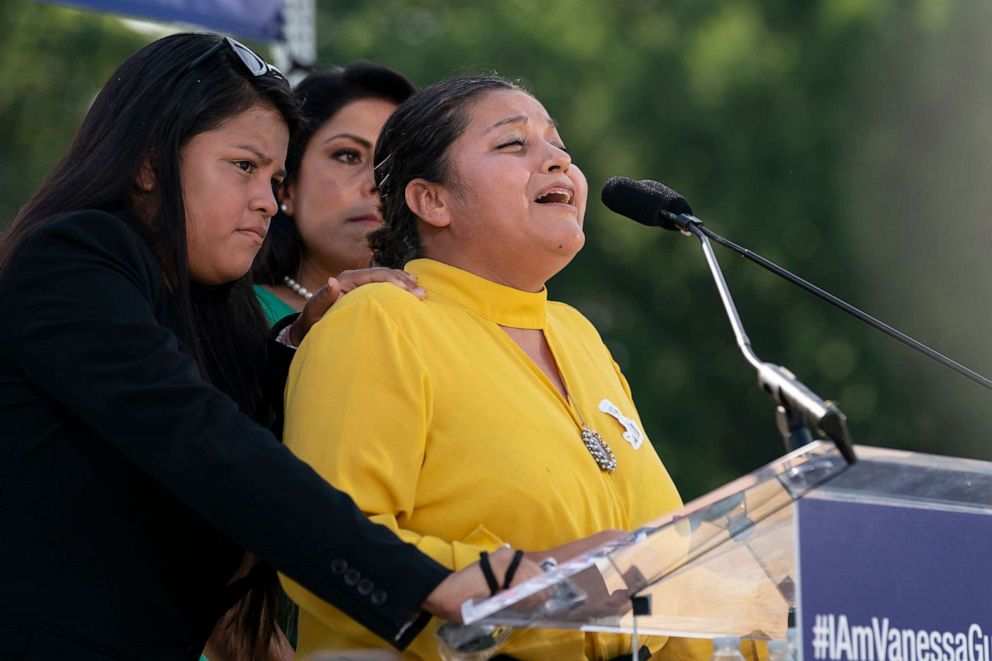 PHOTO: Army Spc. Vanessa Guillen's mother Gloria Guillen cries as she speaks during a news conference on the National Mall in front of Capitol Hill, July 30, 2020, in Washington.