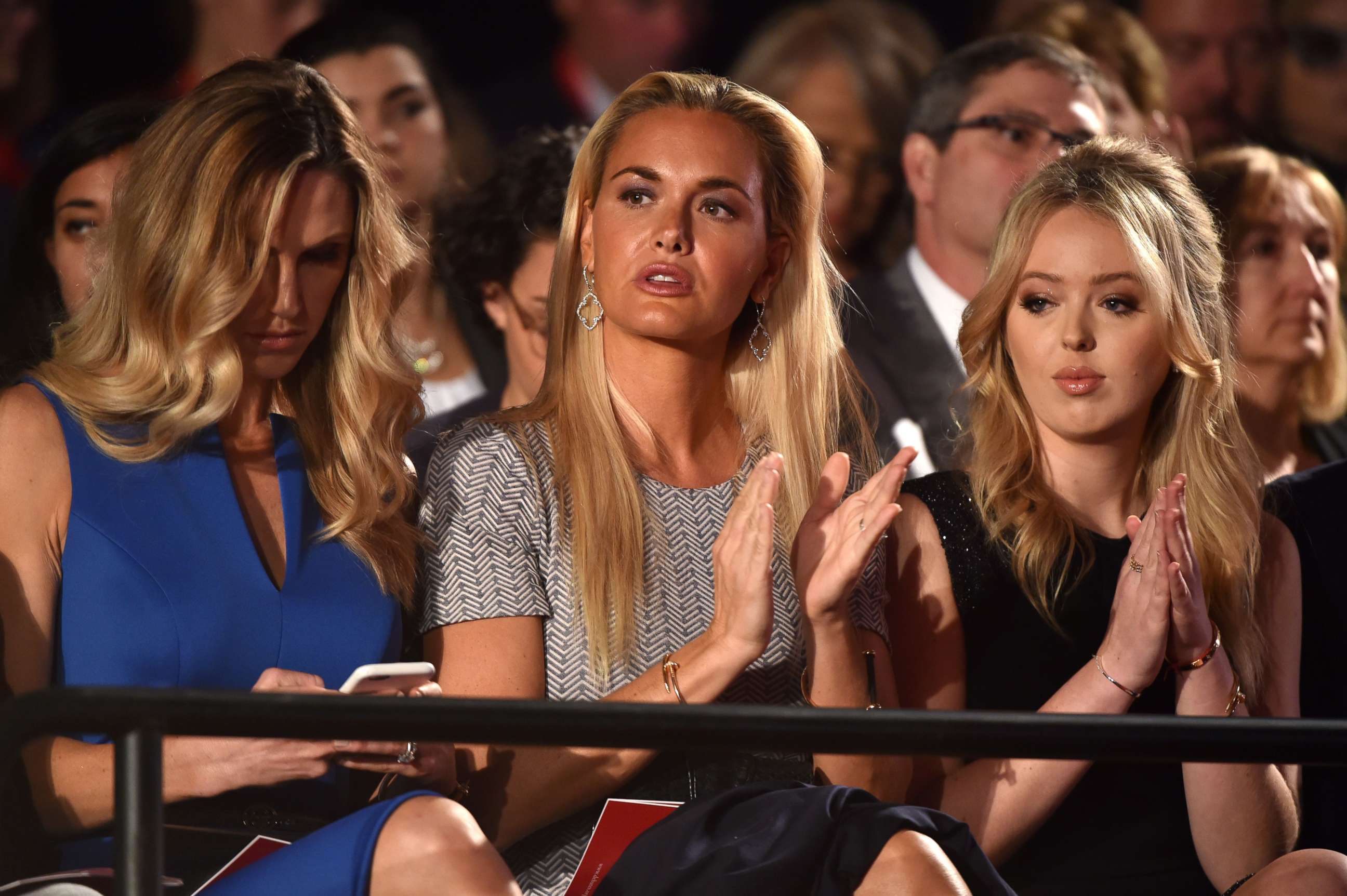 PHOTO: Donald Trump's daughters-in-law Lara Yunaska and Vanessa Haydon sit with daughter Tiffany Trump before the start of the second presidential debate at Washington University in St. Louis, Oct. 9, 2016.