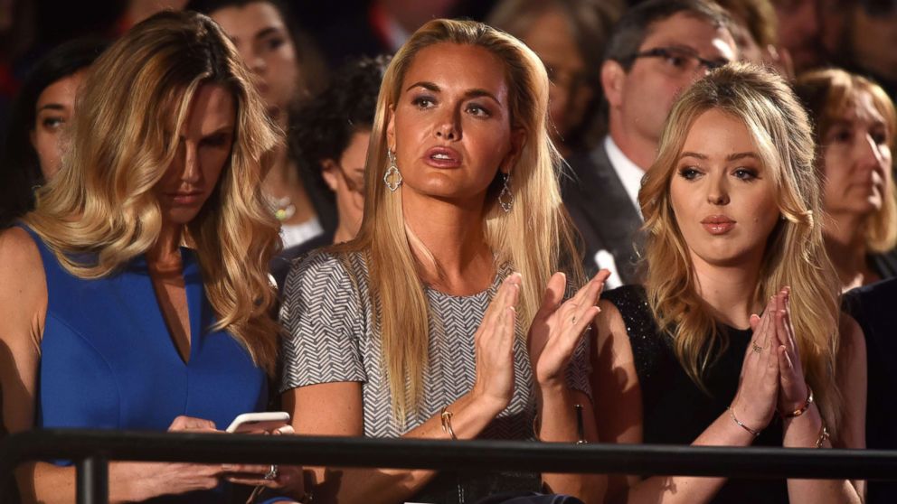 PHOTO: Donald Trump's daughters-in-law Lara Yunaska and Vanessa Haydon sit with daughter Tiffany Trump before the start of the second presidential debate at Washington University in St. Louis, Oct. 9, 2016.