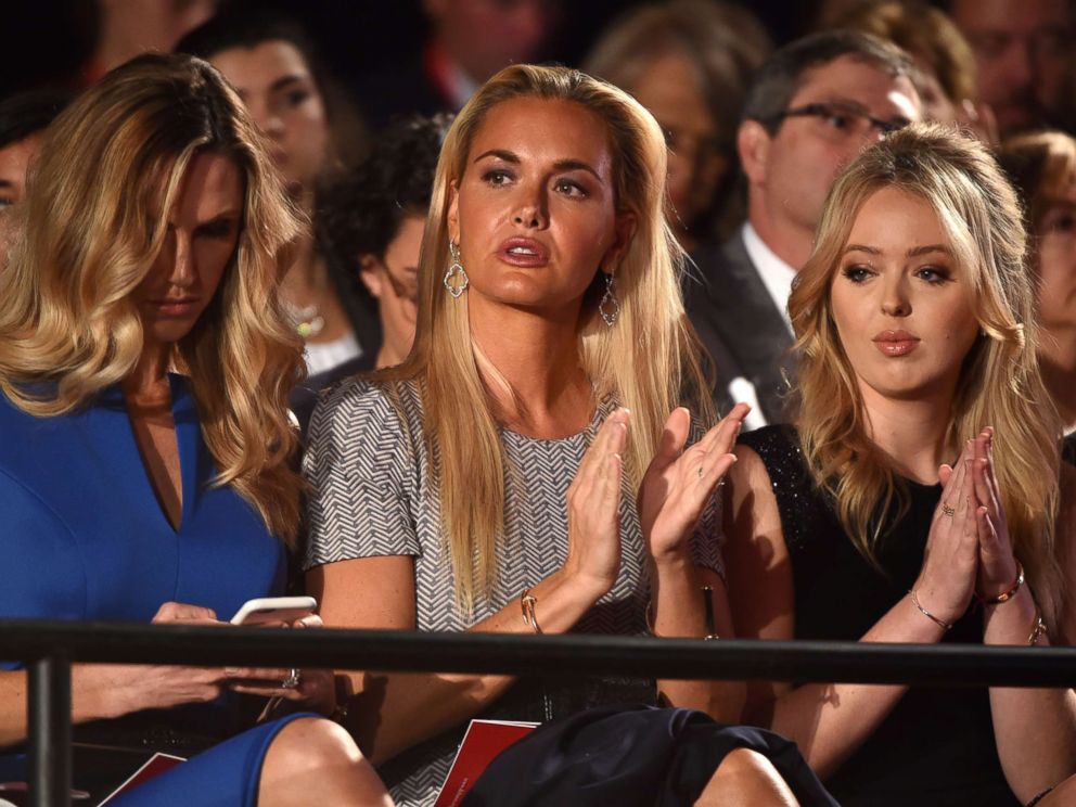 PHOTO: Donald Trumps daughters-in-law Lara Yunaska and Vanessa Haydon sit with daughter Tiffany Trump before the start of the second presidential debate at Washington University in St. Louis, Oct. 9, 2016.