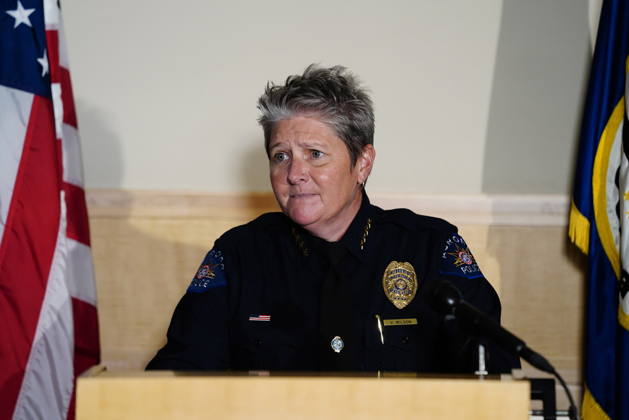 PHOTO: In this July 3, 2020, file photo, then-Aurora Police Department Interim Chief Vanessa Wilson speaks during a press conference in Aurora, Colo.