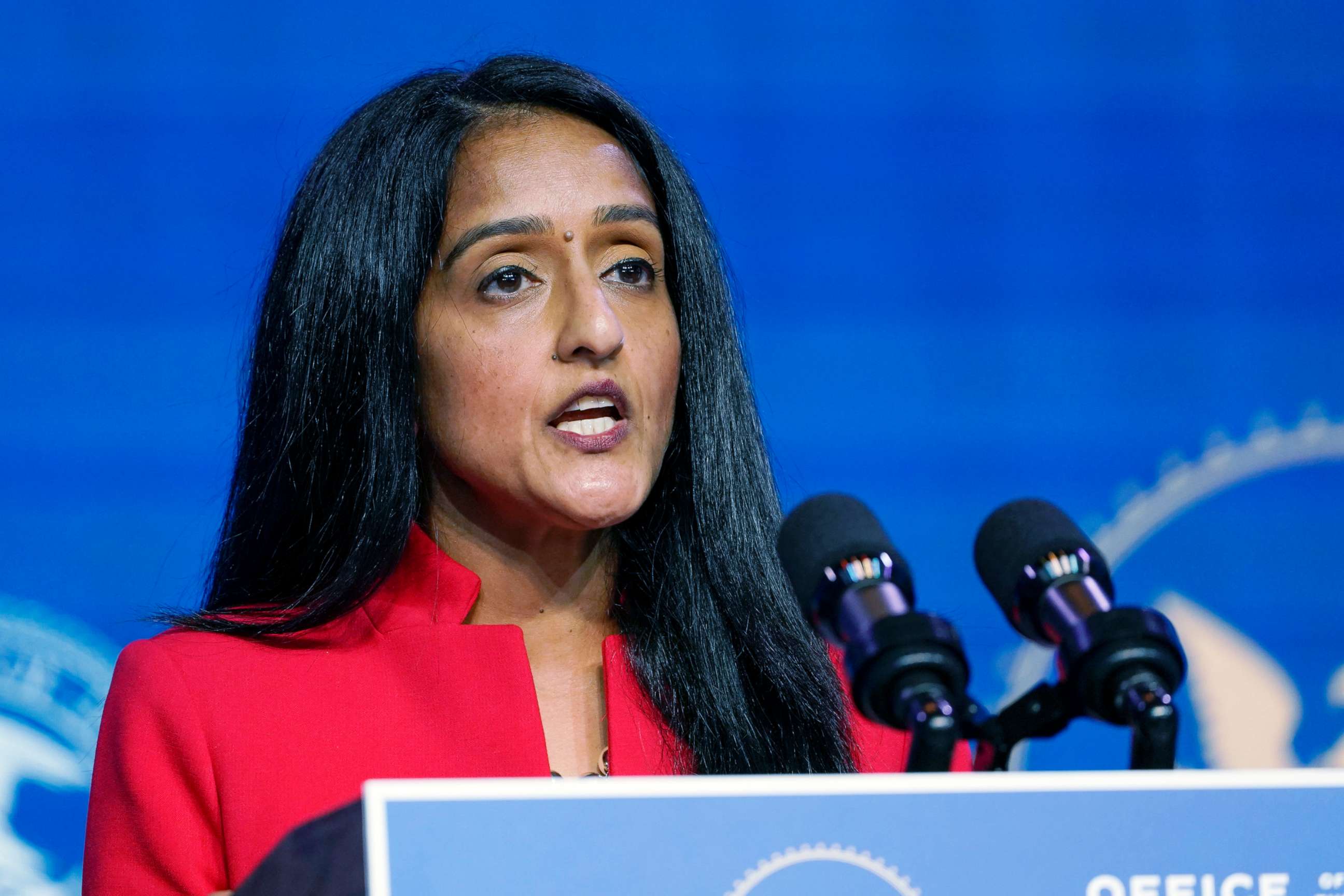 PHOTO: In this Jan. 7, 2021, file photo, Associate Attorney General nominee Vanita Gupta speaks during an event with President-elect Joe Biden and Vice President-elect Kamala Harris at The Queen theater in Wilmington, Del.