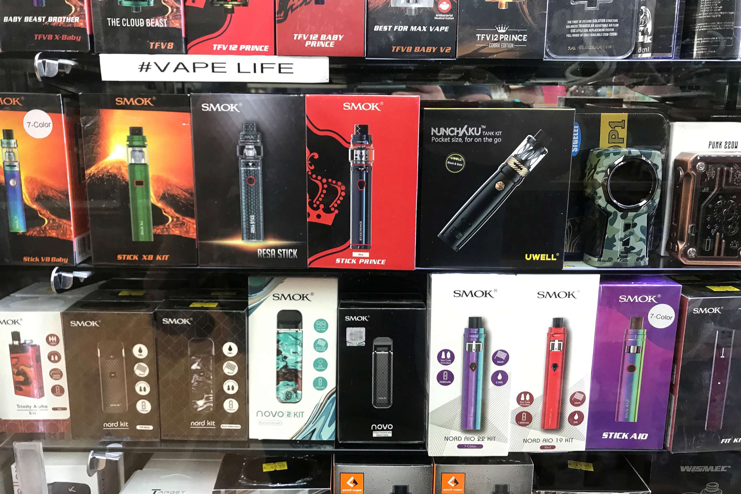 PHOTO: Vaping products are on display in a window at a store in New York, September 17, 2019.