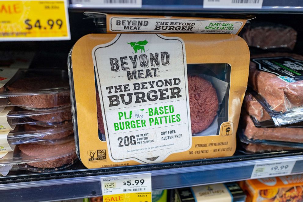 PHOTO: Engineered plant-based burger patties from Beyond Meat sit on shelves among other meat alternatives at a grocery store in San Ramon, Calif., Aug. 28, 2019.