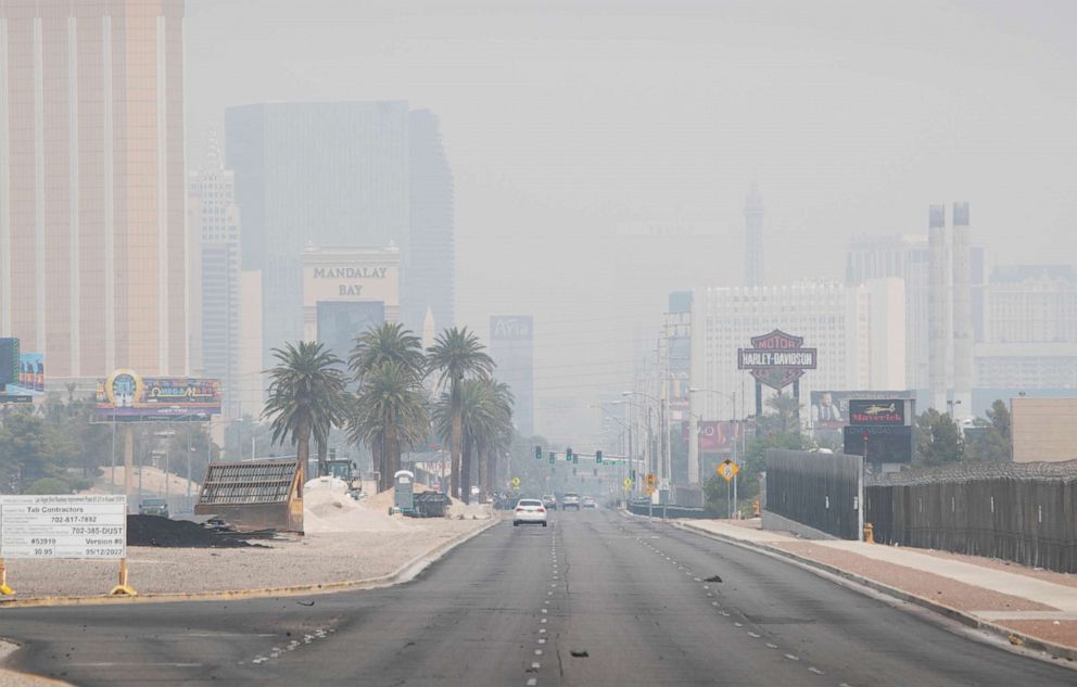 PHOTO: Smoke from California wildfires obscures the view of Strip casinos in Las Vegas on Aug. 7, 2021.