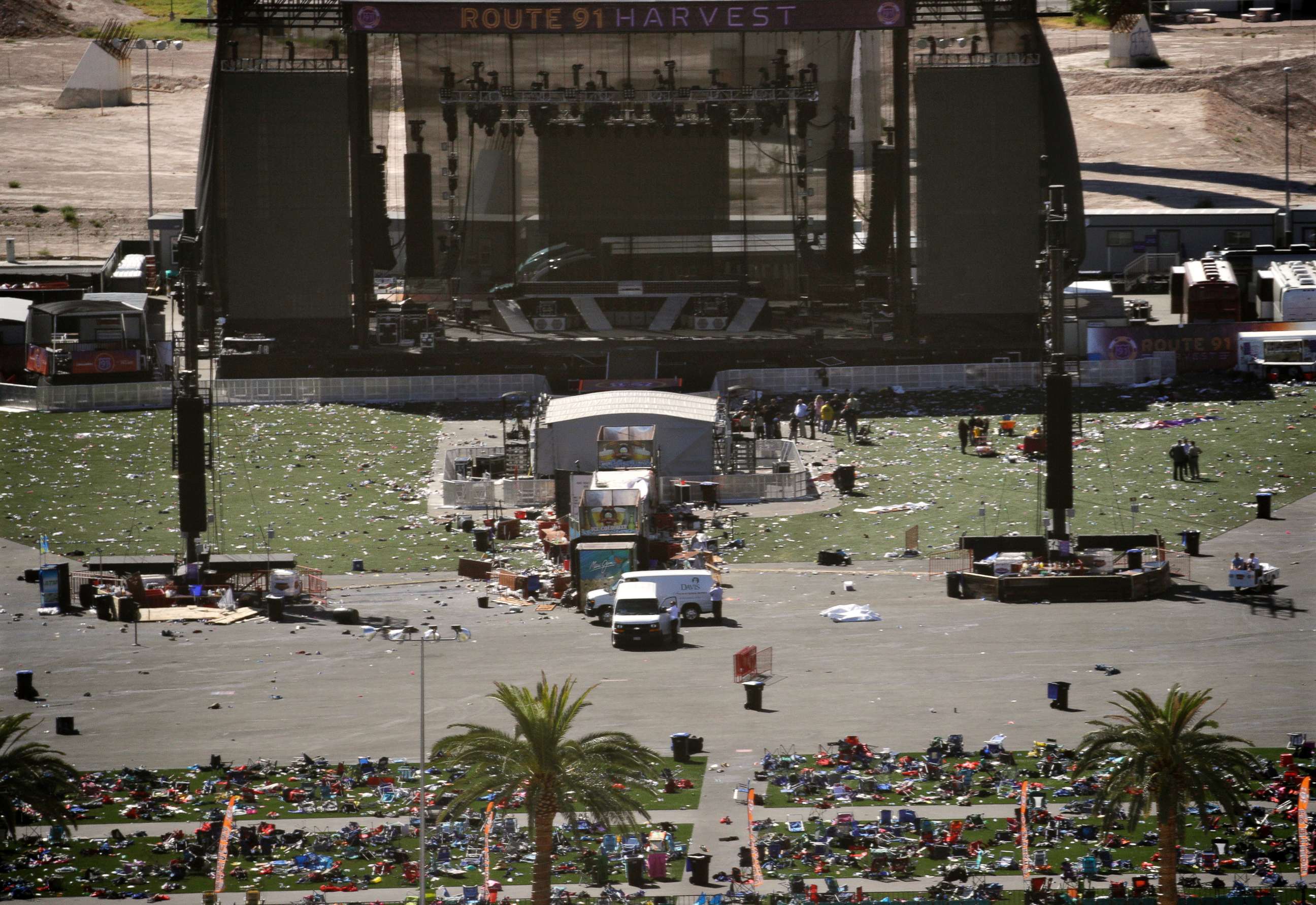 PHOTO: Debris is strewn through the scene of a mass shooting at a music festival near the Mandalay Bay resort and casino on the Las Vegas Strip, Oct. 2, 2017, in Las Vegas.