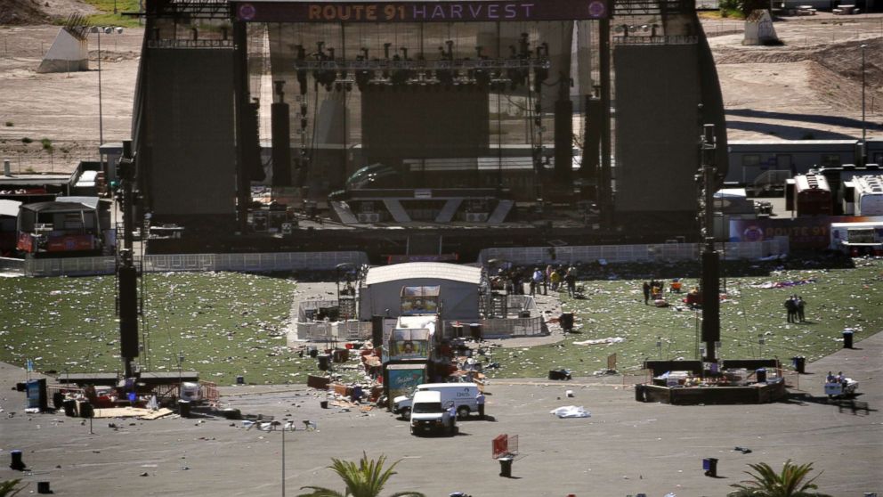 PHOTO: Debris is strewn through the scene of a mass shooting at a music festival near the Mandalay Bay resort and casino on the Las Vegas Strip, Oct. 2, 2017, in Las Vegas.