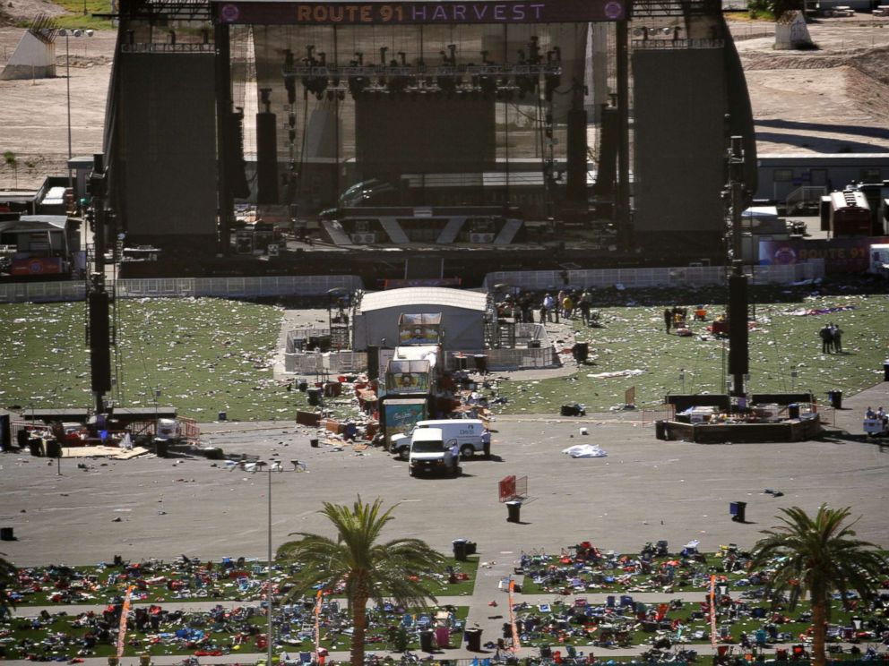 PHOTO: Debris is strewn through the scene of a mass shooting at a music festival near the Mandalay Bay resort and casino on the Las Vegas Strip, Oct. 2, 2017, in Las Vegas.