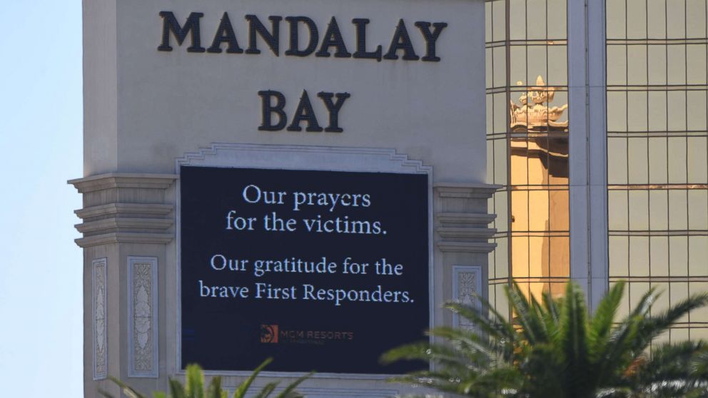 PHOTO: A sign outside the Mandalay Hotel is seen, Oct. 2, 2017, after a gunman killed more than 50 people and wounded more than 200 others when he opened fire on a country music festival in Las Vegas.