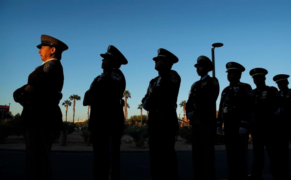 PHOTO: Members of a law enforcement honor guard stand in line during a ceremony, Oct. 1, 2019, on the anniversary of the mass shooting two years earlier in Las Vegas.