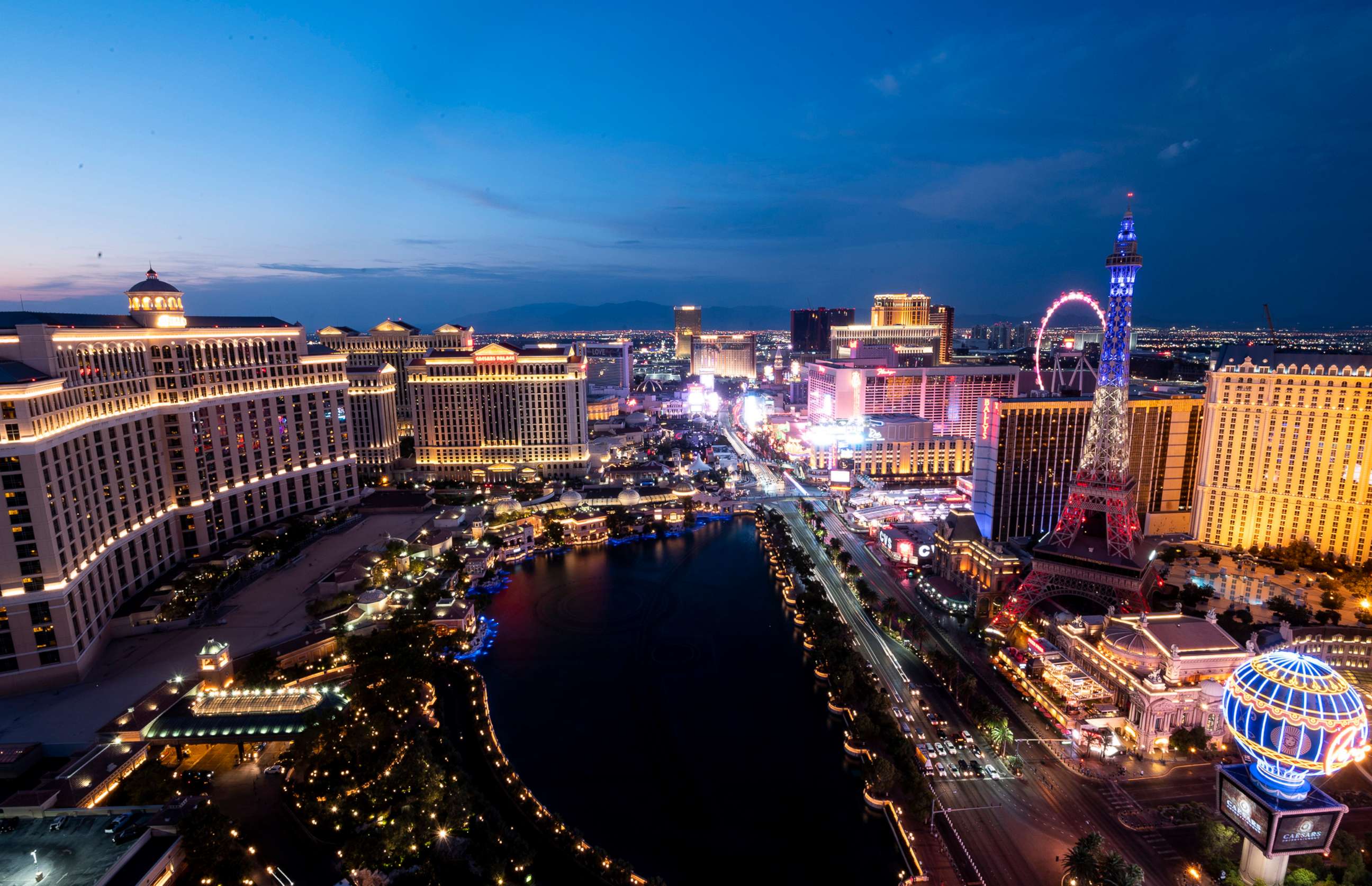 PHOTO: The Las Vegas Strip lights up at sunset in Las Vegas, Aug. 23, 2020.