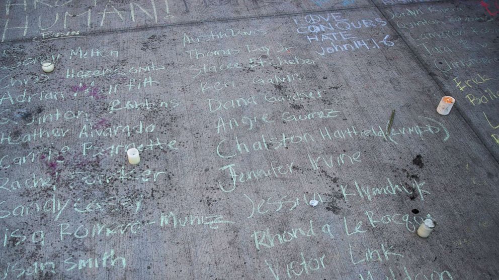 PHOTO: The names of victims are written in chalk on the pavement at a makeshift memorial at the northern end of the Last Vegas Strip, Oct. 4, 2017, in Las Vegas.