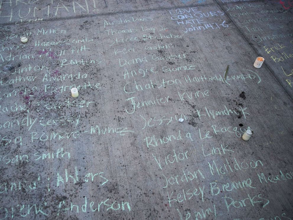 PHOTO: The names of victims are written in chalk on the pavement at a makeshift memorial at the northern end of the Last Vegas Strip, Oct. 4, 2017, in Las Vegas.
