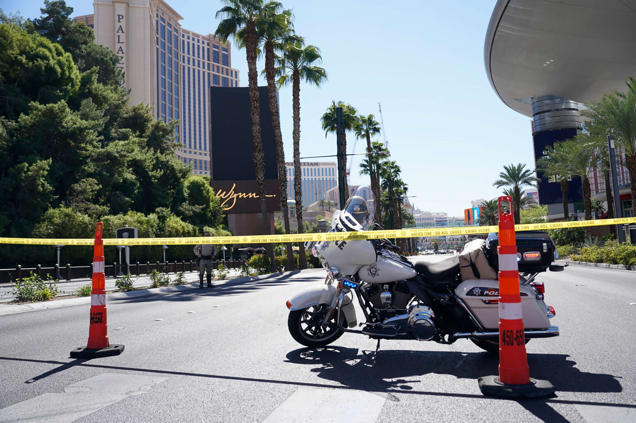 PHOTO: Police tape blocks off a road near where multiple people were stabbed in front of a Strip casino in Las Vegas, Thursday, Oct. 6, 2022.