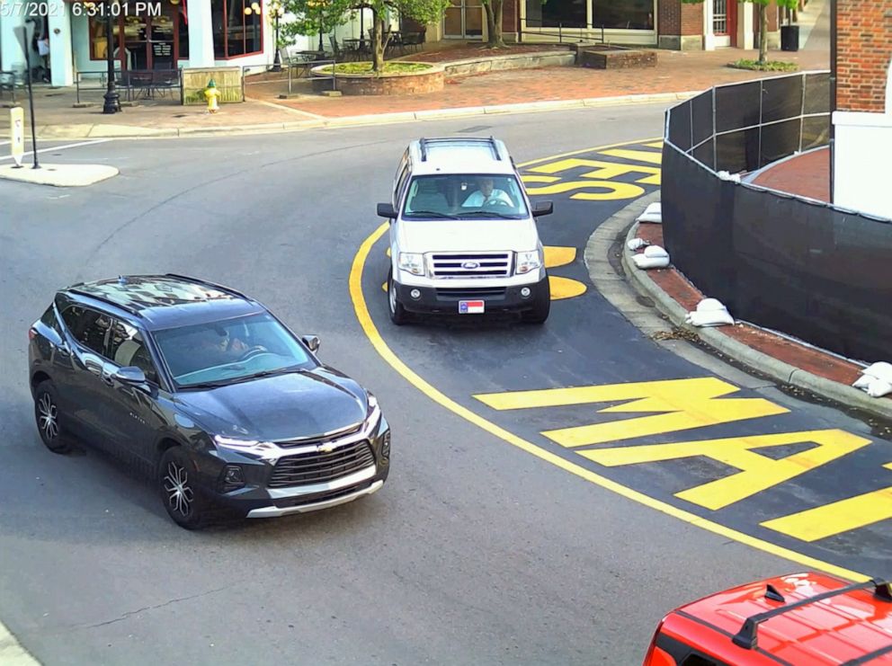 PHOTO: Surveillance video released by police shows an SUV driving around a traffic circle in Fayetteville, N.C., just before passing close to a group of Black Lives Matter protesters, May 7, 2021.