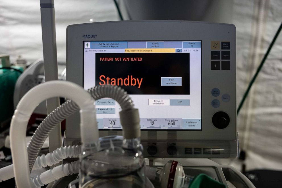 PHOTO: A ventilator and other hospital equipment is seen in an emergency field hospital to aid in the COVID-19 pandemic in Central Park, March 31, 2020, in New York.