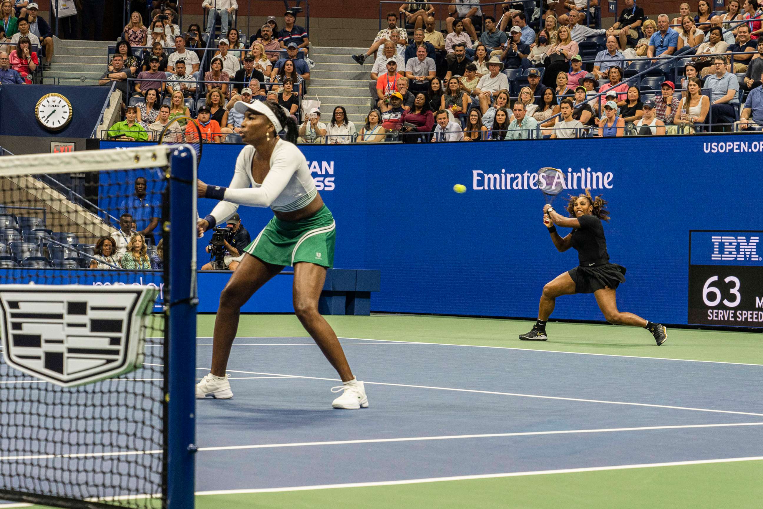 PHOTO: Venus and Serena Williams play the first round of Women's Doubles against Lucie Hradecka and Linda Noskova on the fourth day of the US Open in Queens, New York, Sept. 1, 2022. 