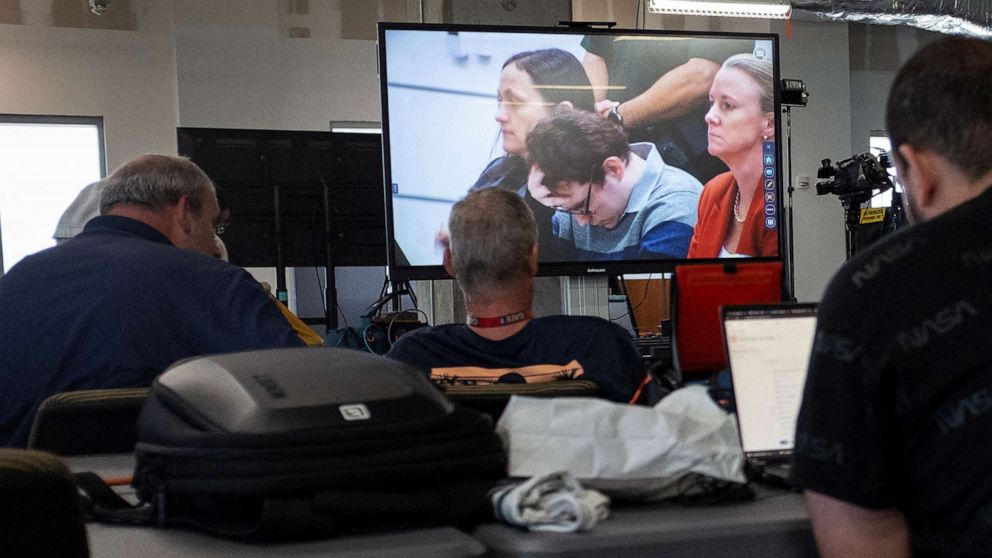PHOTO: MSD High School shooter Nikolas Cruz is seen in a TV screen in the media room next to the courtroom as the judge Elizabeth Scherer reads the jury verdict in Fort Lauderdale, Fla., Oct. 13, 2022.