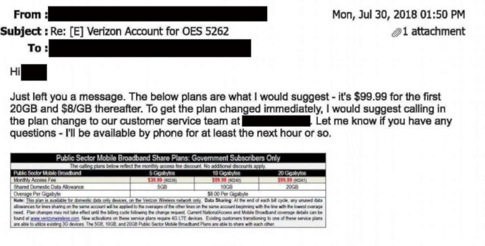 PHOTO: Email exchange between Verizon representatives and Santa Clara County Fire officials.