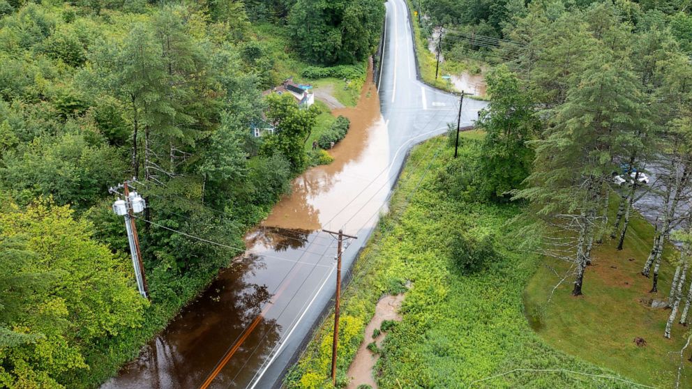 PHOTO: In an aerial view, water covers Route 11 after heavy rain on July 10, 2023 in Londonderry, Vt.