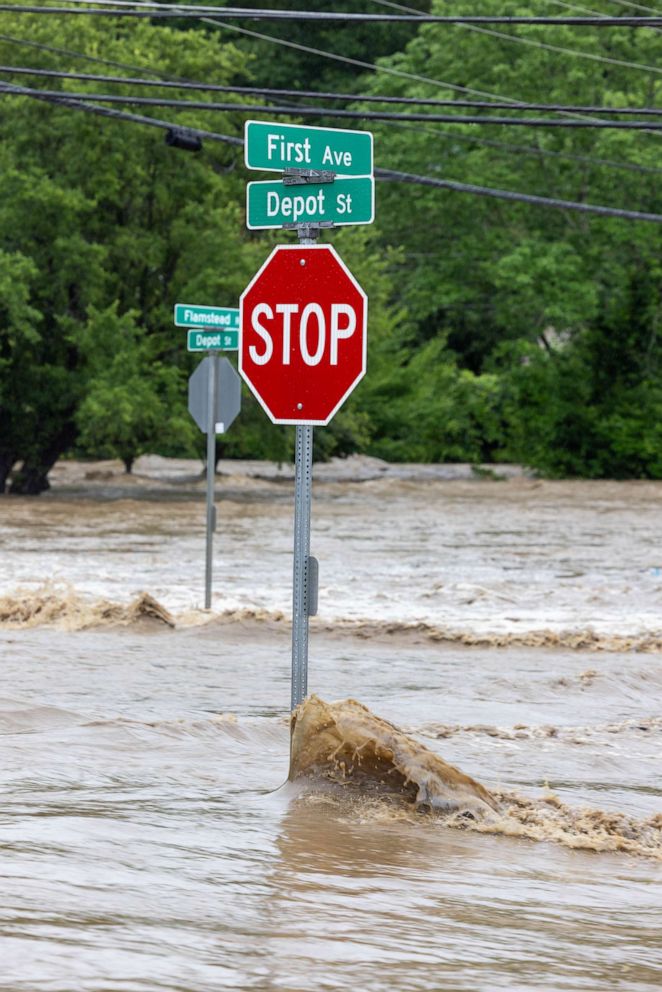 PHOTO: A flooded road is seen on July 10, 2023 in Chester, Vt.