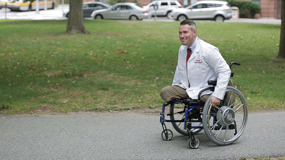 PHOTO: Greg Galeazzi is training to become a doctor at Harvard Medical School after a 2011 roadside bomb in Afghanistan tore off both his legs and much of his right arm.