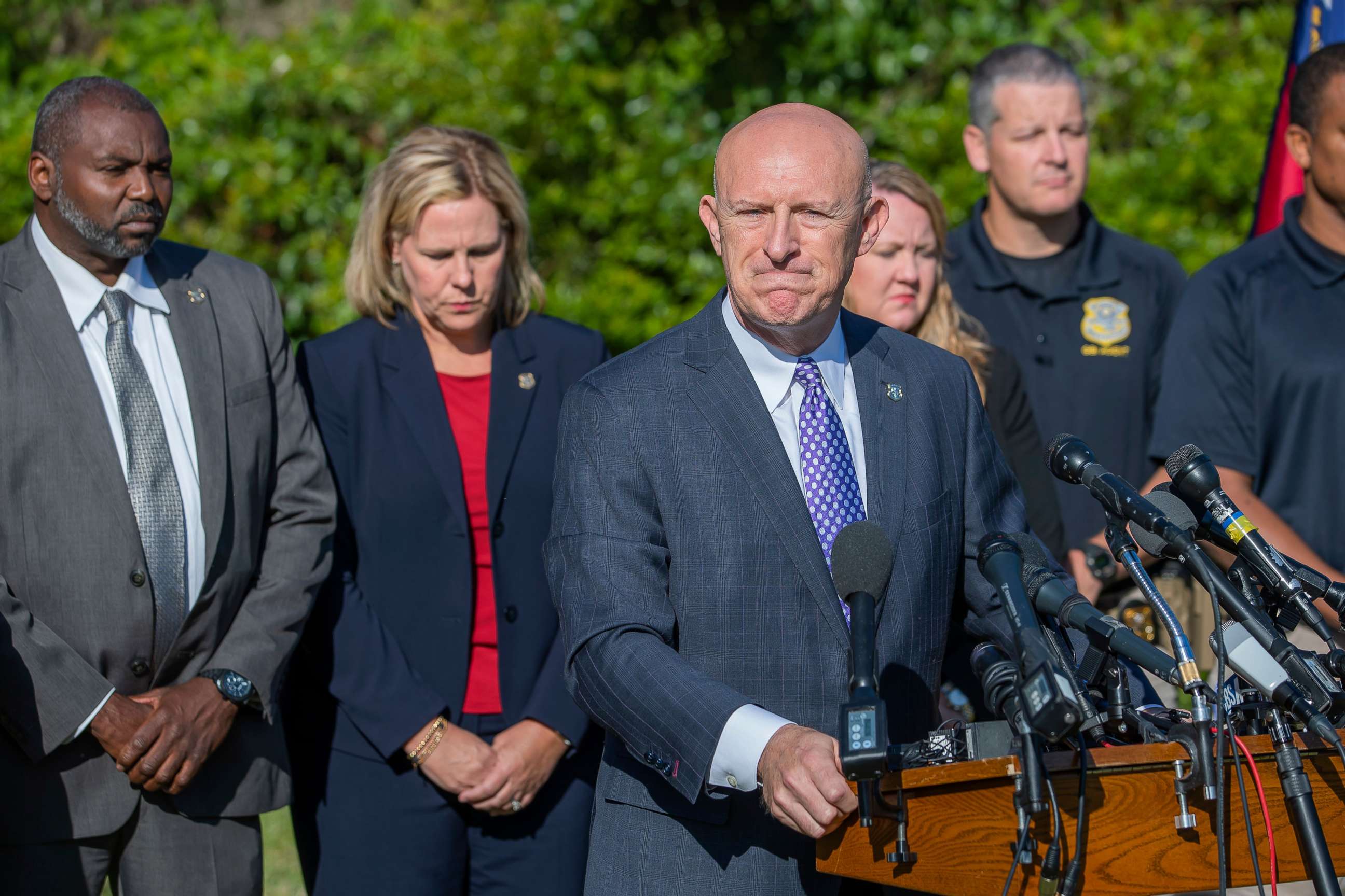 PHOTO: Georgia Bureau of Investigation director, Vic Reynolds, center, briefs the news media on the arrests of Travis McMichael and his father, Gregory McMichael for the murder of unarmed black jogger Ahmaud Arbery in Brunswick, Ga., May 8 2020.