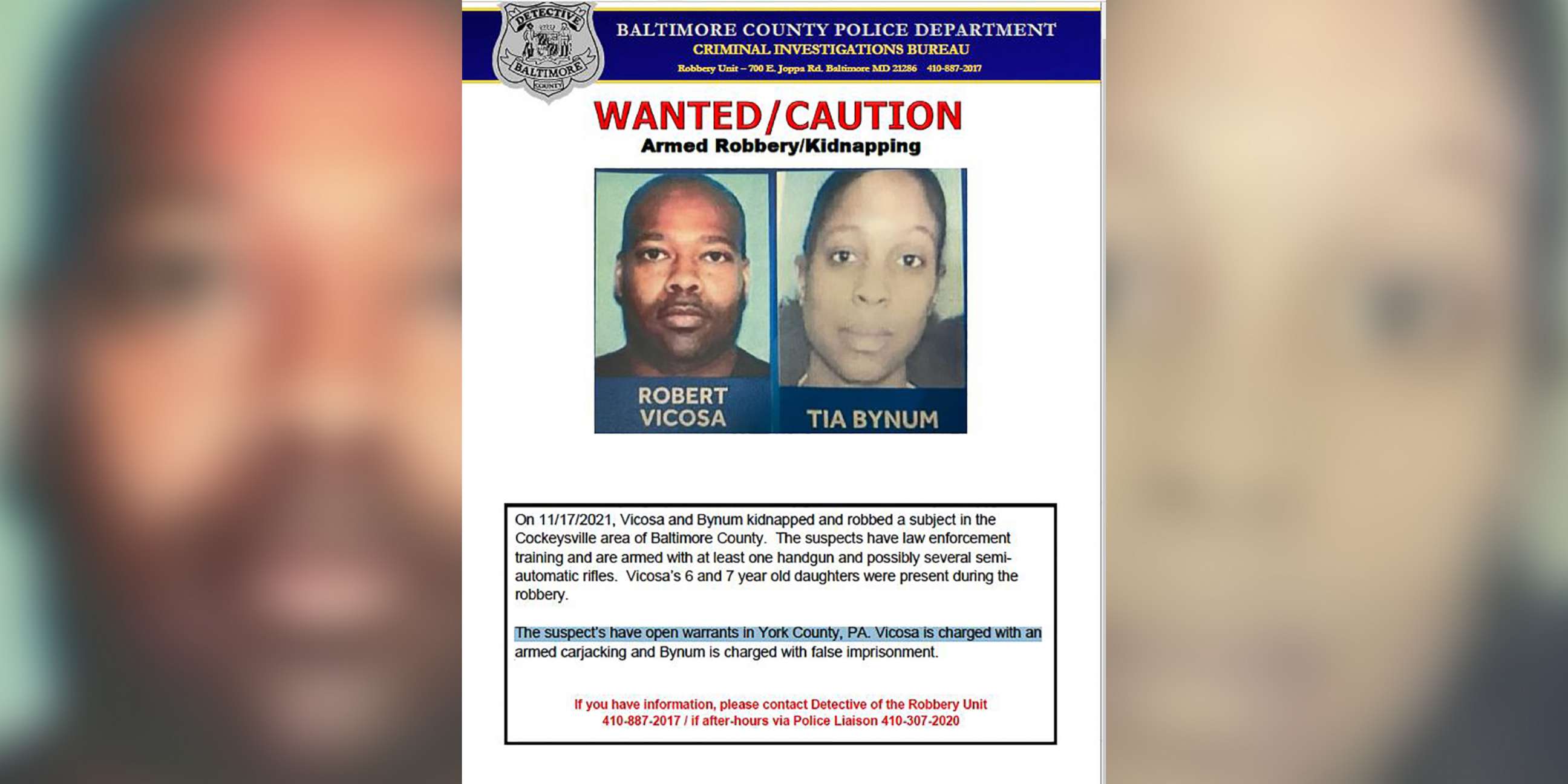 PHOTO: Baltimore County Police released this poster of Robert Vicosa and Tia Bynum wanted for armed robbery and kidnapping.