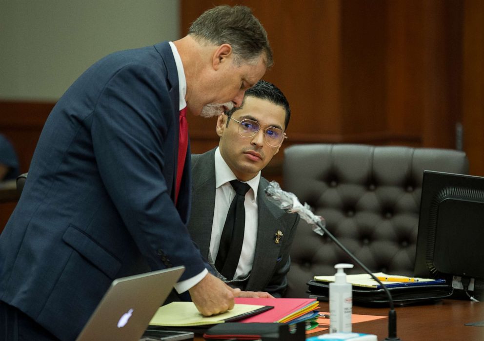 PHOTO: Victor Hugo Cuevas, a 26-year-old linked to a missing tiger named India, and his attorney Michael Elliott appear at Fort Bend County Justice Center for a bond revocation hearing on a separate murder charge, May 14, 2021, in Richmond, Texas.
