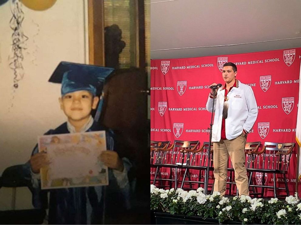 PHOTO: Victor Lopez-Carmen at his kindergarten graduation (left), Victor Lopez Carmen speaks at the Harvard Medical School White Coat Ceremony.