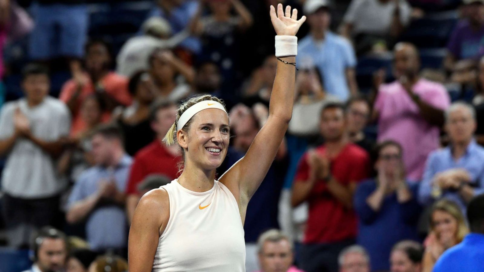 PHOTO: Victoria Azarenka of Belarus reacts after defeating Viktoria Kuzmova of Slovakia in two sets in the first round on day one of the 2018 U.S. Open in New York, Aug. 27, 2018.