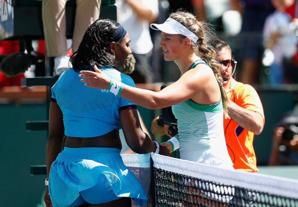 PHOTO: Victoria Azarenka of Belarus is congratulated by Serena Williams after her straight sets win in the final during day fourteen of the BNP Paribas Open at Indian Wells Tennis Garden on March 20, 2016 in Indian Wells, Calif.