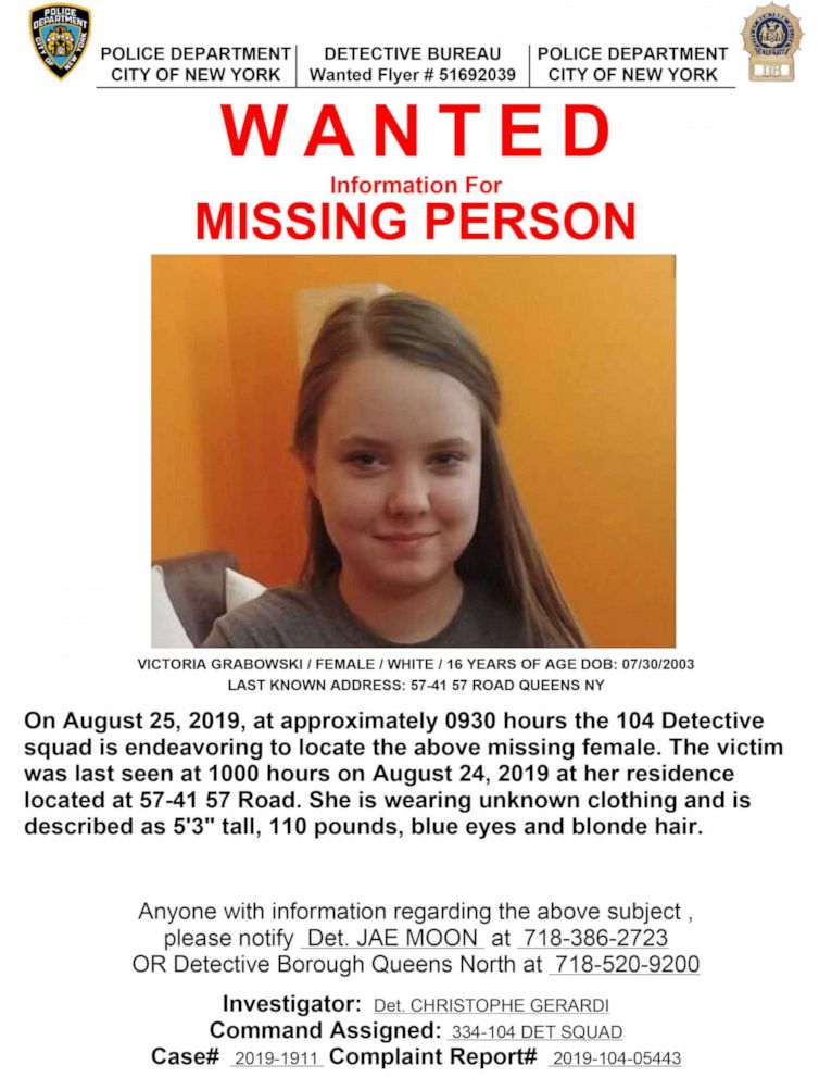 PHOTO:Victoria Grabowski is seen in this undated photo on a missing person poster released by the New York City Police Department.