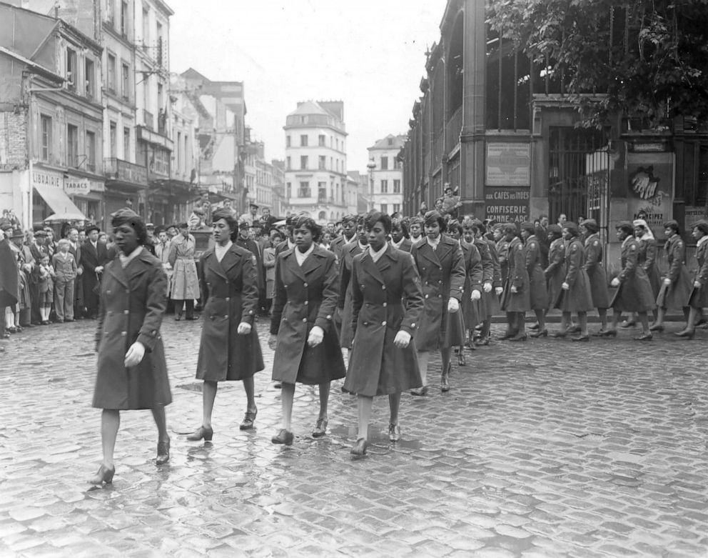 PHOTO: Members of the 6888th Central Postal Battalion march in honor of Jean D'Arc, in France. The 6888th Central Postal Battalion was the only all Black battalion in the WAC and the only all Black, all women battalion sent overseas during World War II.