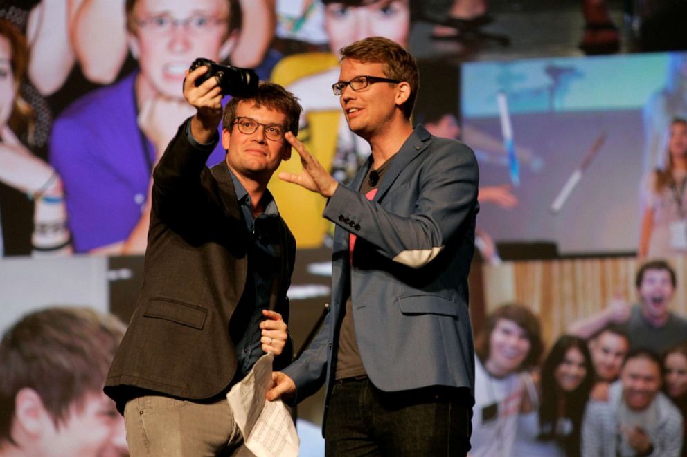 PHOTO: John Green and Hank Green, known as 'Vlogbrothers' speak at VidCon at the Convention Center in Anaheim, Calif., July 23, 2015.