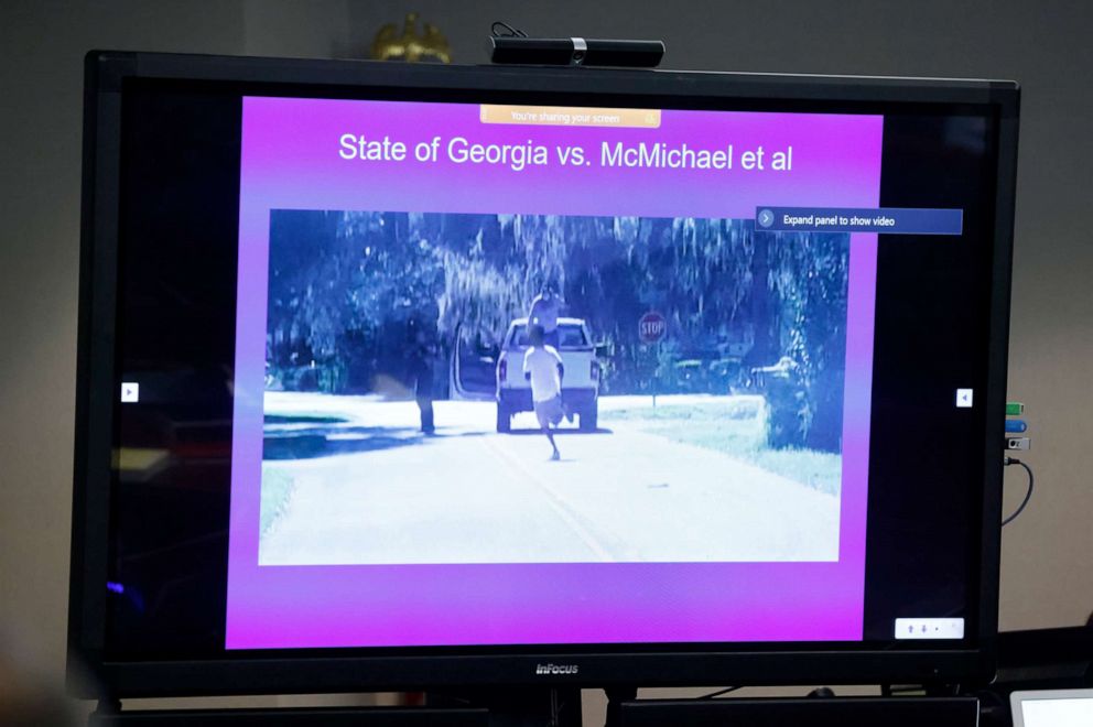 PHOTO: The evidence is played on a screen during opening statementsin the trial of the accused killers of Ahmaud Arbery at the Gwynn County Superior Court on Nov. 5, 2021 in Brunswick, Ga. 