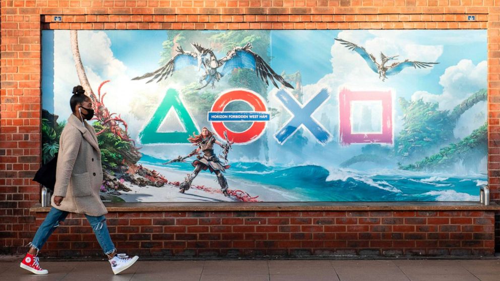 PHOTO: Specially designed artwork is unveiled at West Ham station, which has been transformed into Horizon Forbidden West Ham to celebrate the UK launch of PlayStation 5, Nov. 18, 2020, in London.