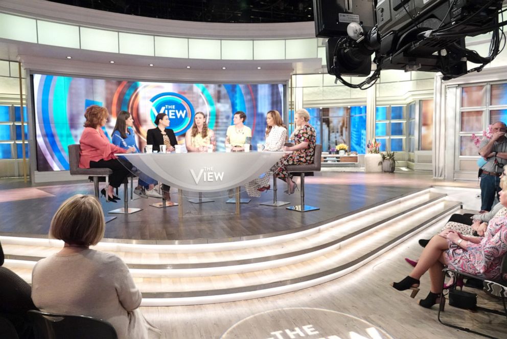 PHOTO: Sgt. Patricia King and Army Capt. Jennifer Peace talk about what's at stake for transgender troops with Trump's new policy at "The View" with co-hosts Joy Behar, Abby Huntsman, Ana Navarro, Sunny Hostin, and Meghan McCain, April 10, 2019.