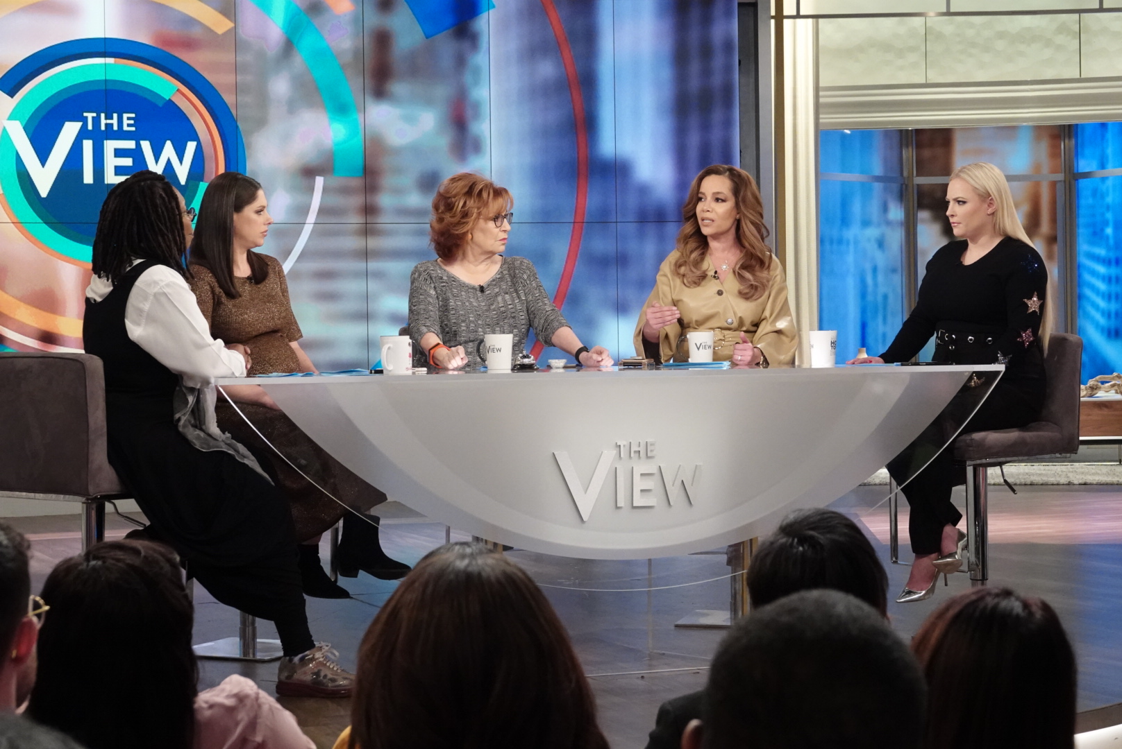 PHOTO: "The View" co-hosts Whoopi Goldberg, Abby Huntaman, Joy Behar, Sunny Hostin, and Meghan McCain discuss Joe Biden's response to Lucy Flores' accusations against him, April 1, 2019.