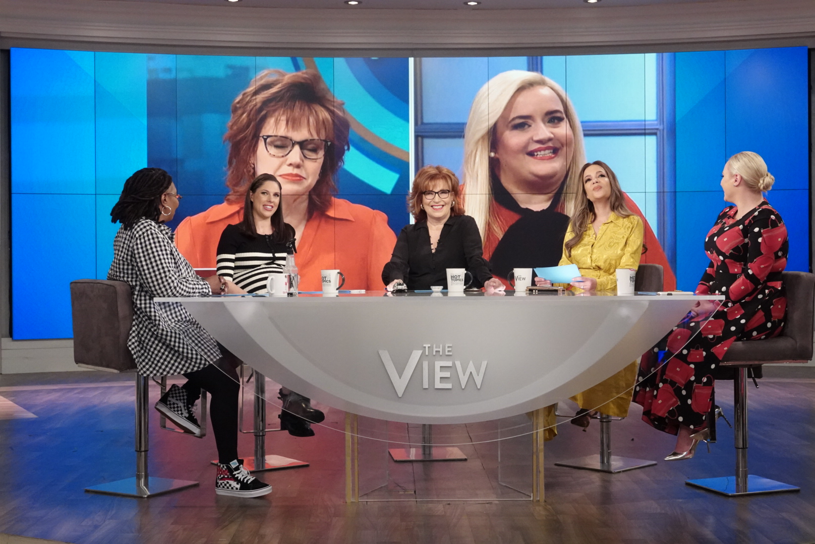 PHOTO: "The View" co-hosts Whoopi Goldberg, Abby Huntsman, Joy Behar, Sunny Hostin, and Meghan McCain respond to the "Saturday Night Live" parody of their on-air discussions on Monday, April 22, 2019.