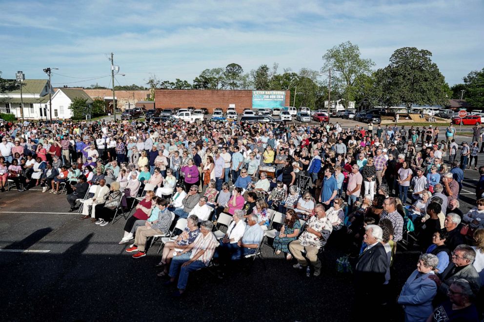 PHOTO: Mourners attend a vigil at the First Baptist Church of Dadeville following last night's mass shooting at the Mahogany Masterpiece dance studio on April 16, 2023 in Dadeville, Ala.