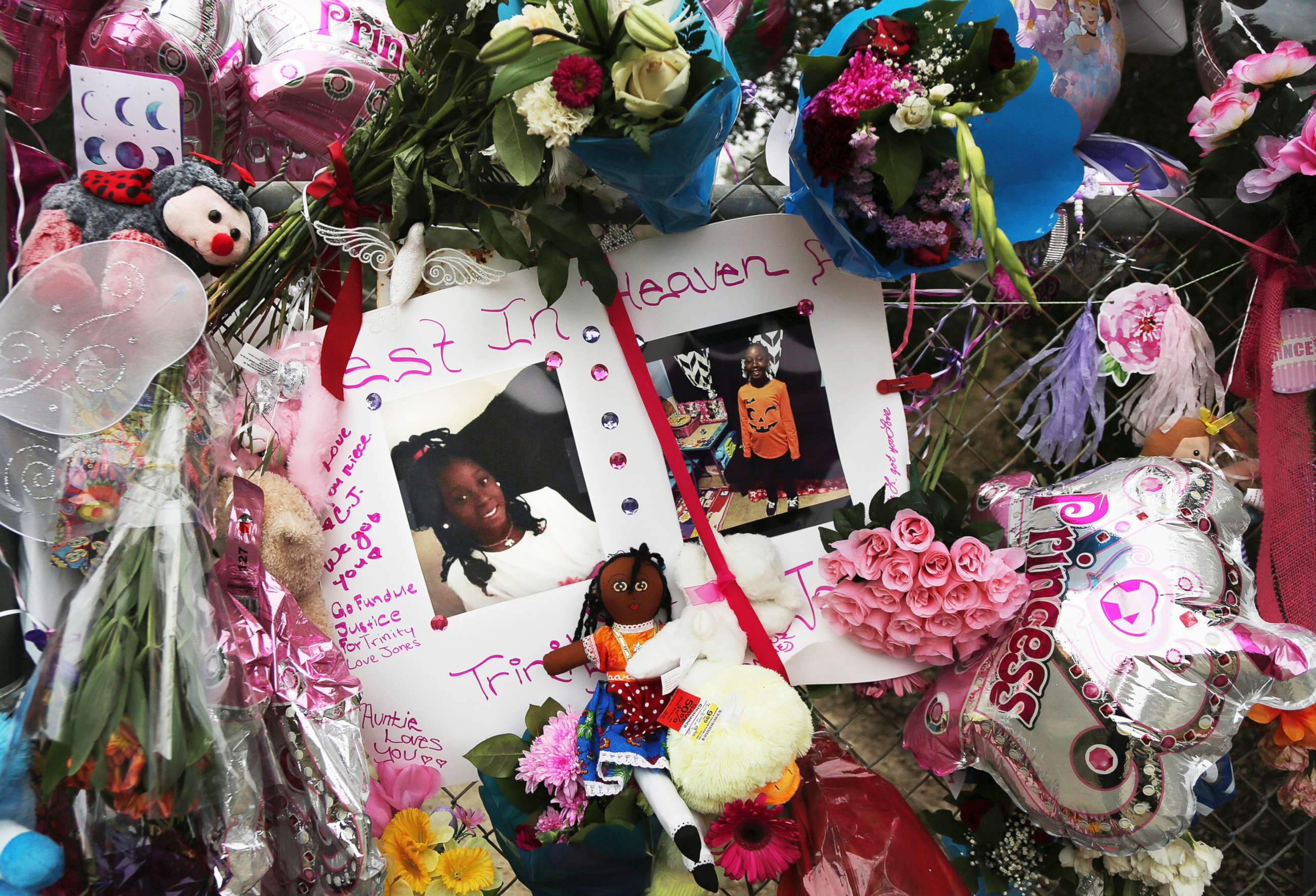 PHOTO: Dozens of tributes at a large memorial to Trinity Love Jones, a 9-year-old girl whose body was found in a duffel bag along a suburban Los Angeles equestrian trail, in Hacienda Heights, Calif, March 11, 2019 in this file photo.