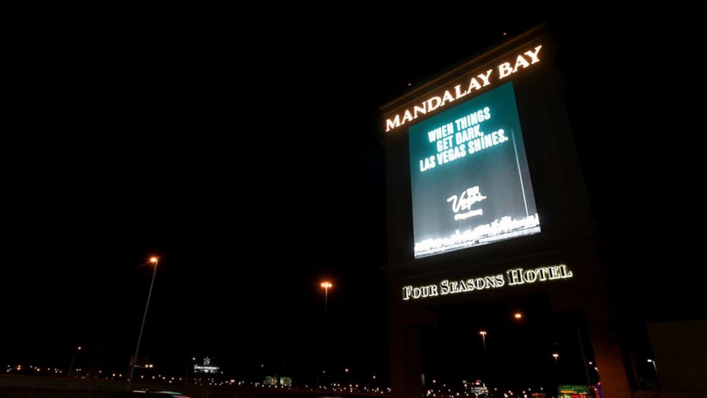 A marquee at Mandalay Bay Resort and Casino displays a message in tribute to the victims of last Sunday night's mass shooting, Oct. 8, 2017, in Las Vegas. 
