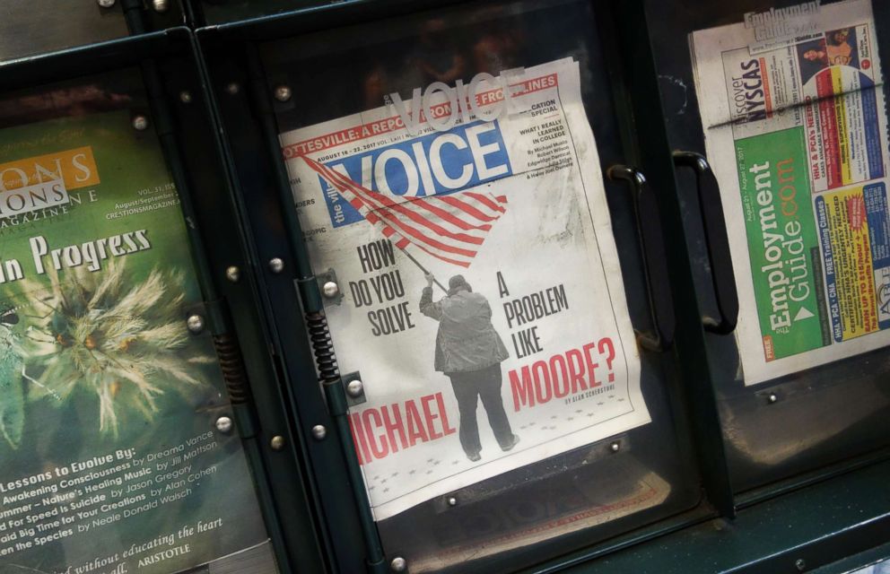 PHOTO: The Village Voice is on sale at a newsstand on 42nd Street on Aug. 22, 2017 in New York.