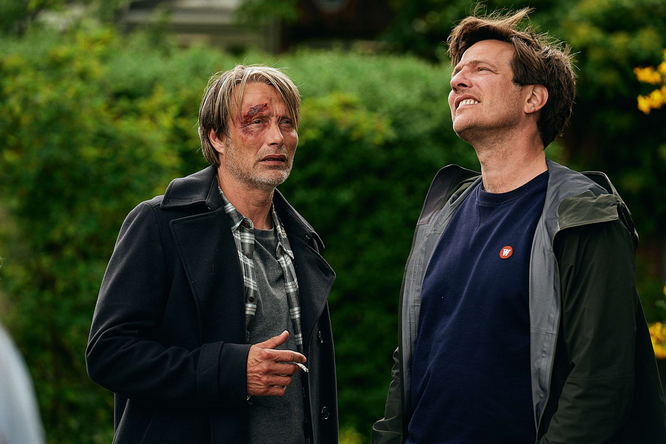 PHOTO: This image released by Samuel Goldwyn Films shows Mads Mikkelsen, left, with director Thomas Vinterberg on the set of "Another Round."