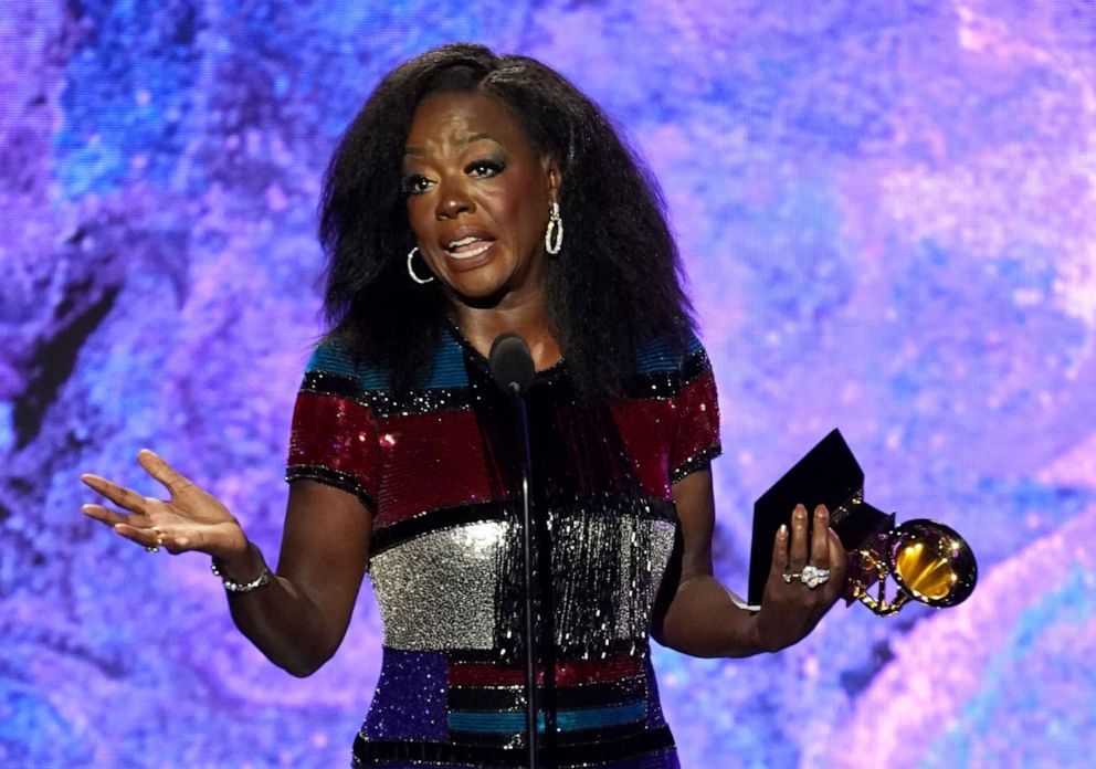 PHOTO: Viola Davis accepts the award for best audio book, narration, and storytelling recording for "Finding Me: A Memoir" at the 65th annual Grammy Awards, Feb. 5, 2023, in Los Angeles.