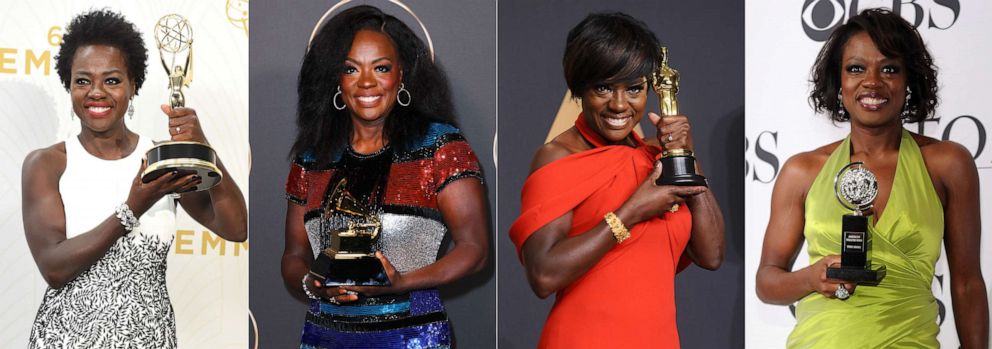PHOTO: Actress Viola Davis who joined the EGOT club with her winning a Grammy Award, Feb. 5, 2023 in Los Angeles is pictured holding her Emmy, Grammy, Oscar and Tony awards.