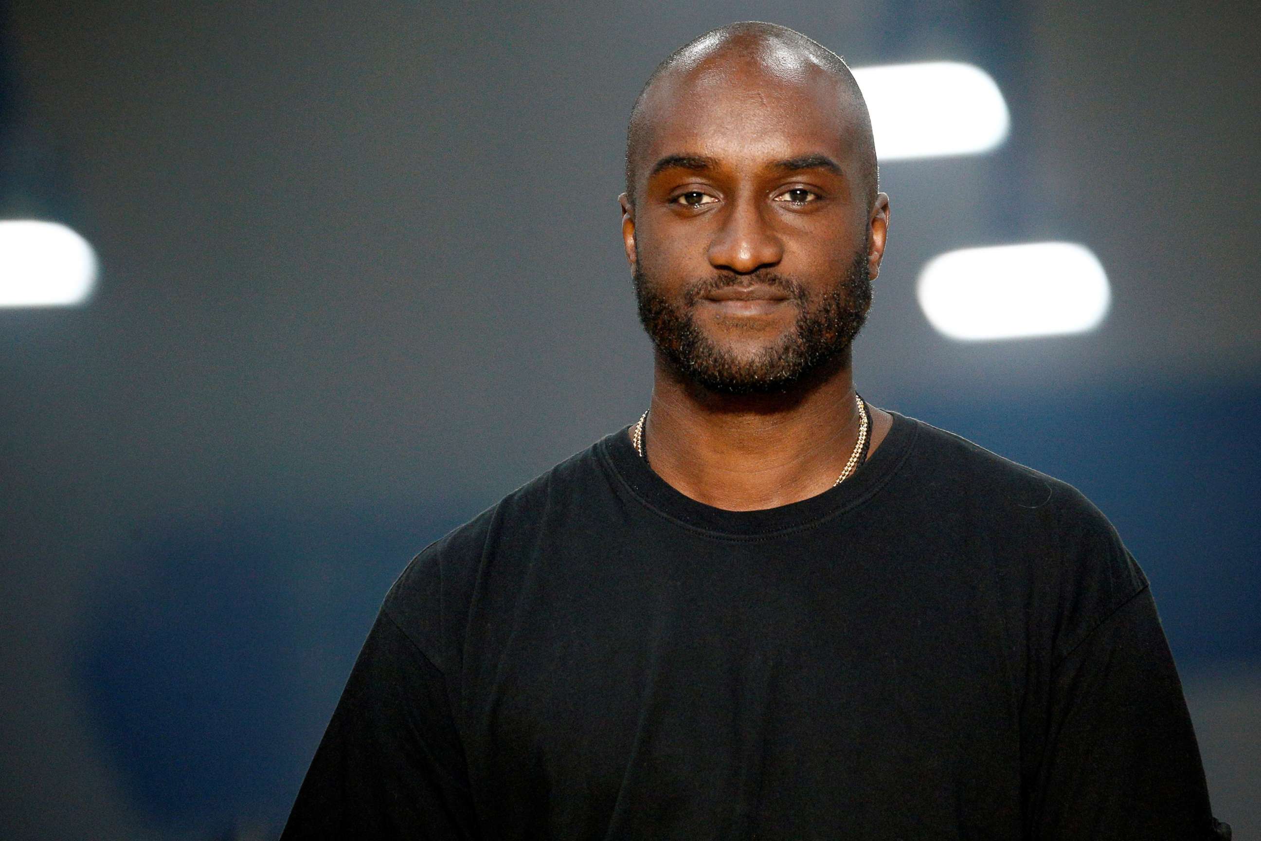 PHOTO: Designer Virgil Abloh appears at the end of his Fall/Winter 2019-2020 women's ready-to-wear collection for his label Off-White during Women's Fashion Week in Paris, Feb. 28, 2019.  